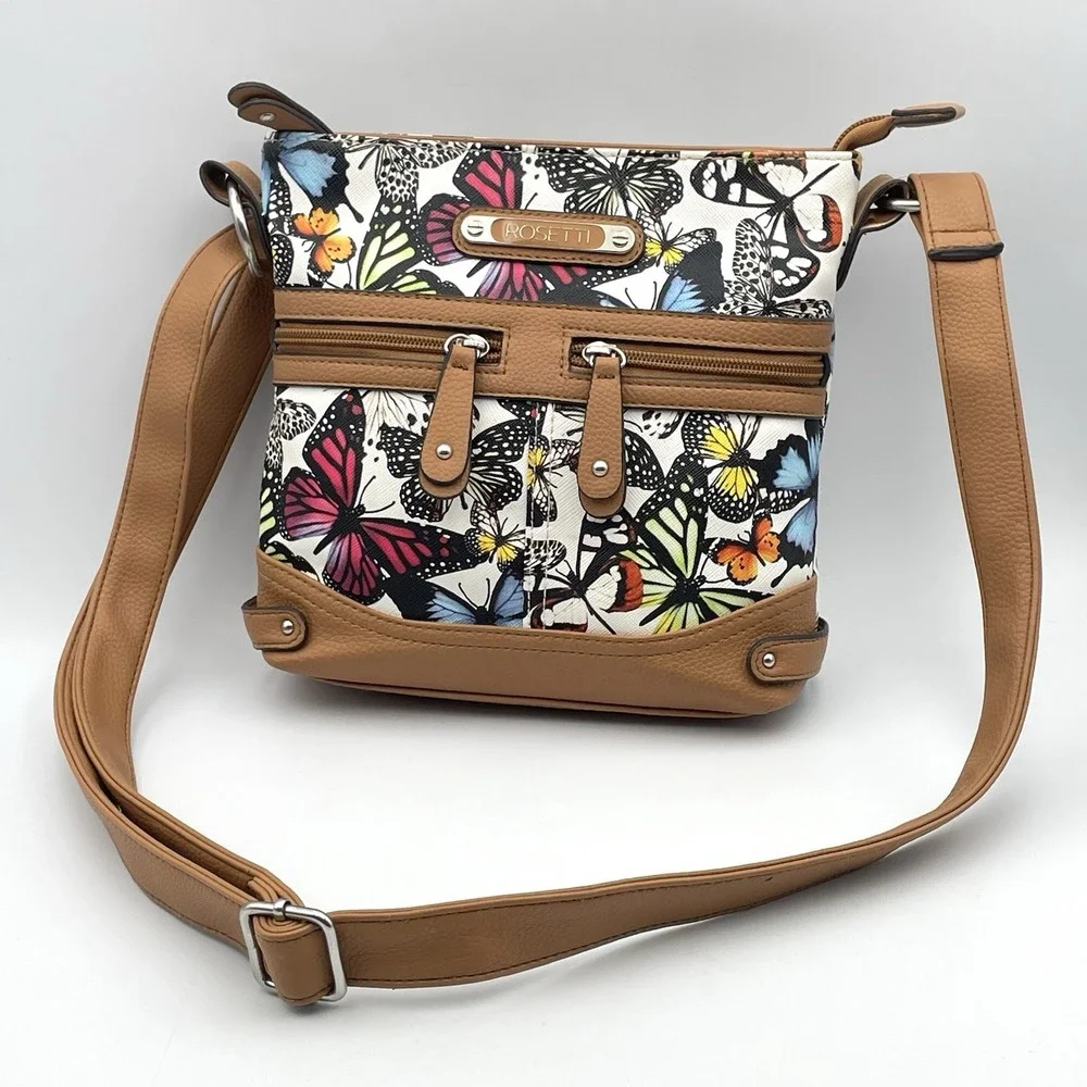 Rosetti Butterfly Print Crossbody Purse Tan Faux Leather Shoulder Bag 8